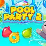 Sevimli bir hayvan karakteri havuzda yüzüyor, etrafında renkli su baloncukları ve Pool Party 2 yazısı bulunuyor