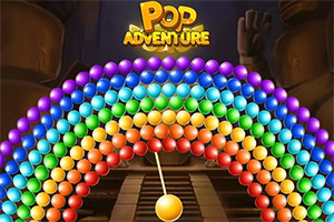 Renkli topların gökkuşağı şeklinde dizildiği, ortada sarı top ve üstte Pop Adventure yazısı bulunan oyun ekranı
