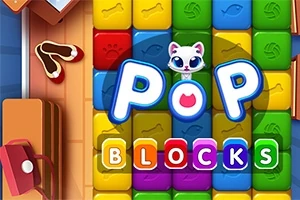 Renkli bloklar üzerinde sevimli bir kedi figürü ve POP BLOCKS yazısı