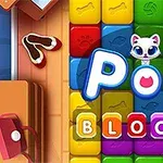 Renkli bloklar üzerinde sevimli bir kedi figürü ve POP BLOCKS yazısı