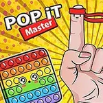Çizgi film tarzında bir elin işaret parmağında kırmızı bant takılı, etrafında renkli, gözleri olan pop it oyuncakları ve arka planda sarı patlama desenleri yer alıyor