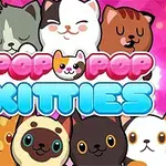 Sevimli kedi yüzlerinin çizgi stilinde tasvir edildiği, pastel pembe arka plan üzerinde renkli Pop Pop Kitties yazısı