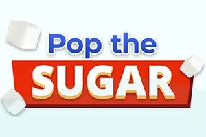 Pop the Sugar başlığı renkli bir arka plan üzerinde büyük ve dikkat çekici yazı stiliyle çevresinde uçuşan küp şekerlerle gösteriliyor