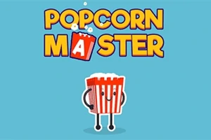 Mavi arka plan üzerinde gülen bir patlamış mısır kutusu, üst kısmında Popcorn Master yazısı