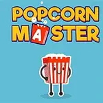 Mavi arka plan üzerinde gülen bir patlamış mısır kutusu, üst kısmında Popcorn Master yazısı