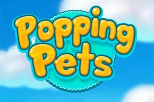Bulutlu bir gökyüzü önünde, büyük sarı harflerle yazılmış Popping Pets yazısı