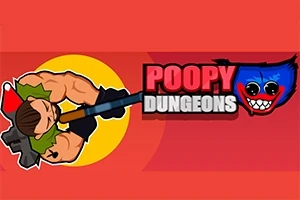 Kaslı bir karakterin tüfek taşıdığı ve üzerinde Poopy Dungeons yazısı bulunan renkli bir grafik