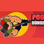Kaslı bir karakterin tüfek taşıdığı ve üzerinde Poopy Dungeons yazısı bulunan renkli bir grafik