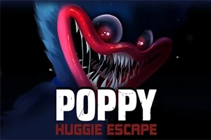 Karanlık bir arka planda keskin dişleri ve parlak kırmızı dudakları olan mavi, tüylü bir yaratık; alt kısımda büyük harflerle POPPY HUGGIE ESCAPE yazısı