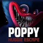 Karanlık bir arka planda keskin dişleri ve parlak kırmızı dudakları olan mavi, tüylü bir yaratık; alt kısımda büyük harflerle POPPY HUGGIE ESCAPE yazısı