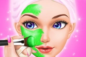 Pembe arka plan önünde bir kadının yüzüne yeşil maske uygulanıyor