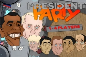 Çeşitli politik figürlerin karikatürize edilmiş yüzleri ve büyük President Party yazısı