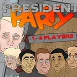 Çeşitli politik figürlerin karikatürize edilmiş yüzleri ve büyük President Party yazısı