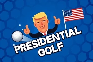 Sarışın bir adamın karikatürü, arka planda Amerikan bayrağı, bir golf topu ve Presidential Golf yazısı ile mavi altlık üzerinde yer alıyor