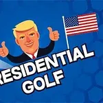 Sarışın bir adamın karikatürü, arka planda Amerikan bayrağı, bir golf topu ve Presidential Golf yazısı ile mavi altlık üzerinde yer alıyor