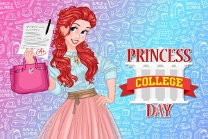 Kırmızı saçlı genç bir kadın, elinde not kağıdı ve pembe bir çanta taşırken gülümsüyor; arka planda okul temalı desenler ve Princess College Day yazısı bulunuyor