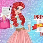 Kırmızı saçlı genç bir kadın, elinde not kağıdı ve pembe bir çanta taşırken gülümsüyor; arka planda okul temalı desenler ve Princess College Day yazısı bulunuyor