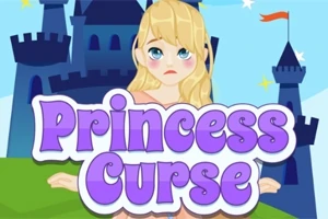 Sarı saçlı üzgün bir prensesin önünde Princess Curse yazısı ile bir kale