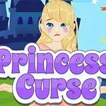 Sarı saçlı üzgün bir prensesin önünde Princess Curse yazısı ile bir kale
