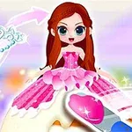 Pembe elbiseli bir kız figürü, arka planda bulanık pastel tonlarla, sağda bir makyaj fırçası ve renkli makyaj paleti ile birlikte