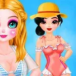 İki animasyonlu kadın karakter, biri sarı saçlı ve kalp şekilli allıklı, diğeri güneş şapkası ve pembe mayo giymiş