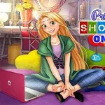 Genç bir kadın renkli bir odada yerde oturuyor ve dizüstü bilgisayarına bakıyor, yanında indirim etiketleriyle Princess Shopping Online yazısı var