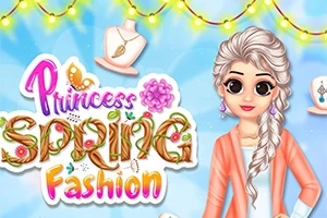 Bir prensesin, beyaz örgülü saçları ve turuncu kıyafetiyle, Princess Spring Fashion yazılı bir arka plan önünde duran çizimi