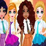 Anime tarzı beş kız öğrenci, renkli etekler ve kravatlarla yan yana duruyor