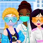 Koruyucu gözlük ve maske takan üç kadın karakter önlüklerle birlikte hastane önünde duruyor