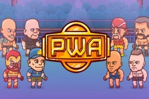 Çizgi film tarzında güreşçi karakterlerin ve ortada PWA yazılı altın renginde bir logo bulunan bir görsel