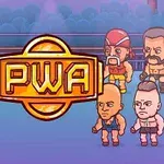Çizgi film tarzında güreşçi karakterlerin ve ortada PWA yazılı altın renginde bir logo bulunan bir görsel