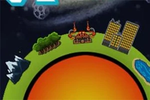 Yeşil gezegen üzerinde dağlar, ağaçlar, bir fabrika, binalar ve bir göl