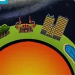 Yeşil gezegen üzerinde dağlar, ağaçlar, bir fabrika, binalar ve bir göl