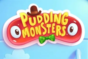 Kırmızı, gözleri olan jelatin benzeri bir şekil üzerinde Pudding Monsters yazısı, şapka ve papyon ile süslenmiş
