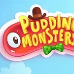 Kırmızı, gözleri olan jelatin benzeri bir şekil üzerinde Pudding Monsters yazısı, şapka ve papyon ile süslenmiş