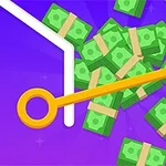 Mor bir arka plan üzerinde, büyük bir altın anahtar ve yığınlar halinde duran yeşil banknot demetleri