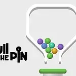 Beyaz bir arka plan üzerinde farklı renklerde toplar ve Pull The Pin yazısı