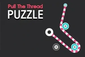 Siyah arka planda, beyaz yuvarlaklardan geçen kırmızı ve beyaz çizgili bir ip ve büyük harflerle yazılı Pull The Thread Puzzle metni