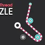 Siyah arka planda, beyaz yuvarlaklardan geçen kırmızı ve beyaz çizgili bir ip ve büyük harflerle yazılı Pull The Thread Puzzle metni