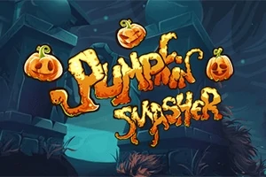 Korkutucu yüz ifadeleri olan balkabakları ve süslü yazı stiliyle karanlık bir arka planda Pumpkin Smasher metni