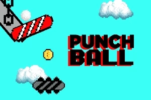 Piksel bulutlar ve metal platformlarla çevrili Punch Ball yazısı, mavi bir arka plan üzerinde kırmızı şeritli ahşap bir yapıyla birlikte