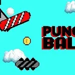 Piksel bulutlar ve metal platformlarla çevrili Punch Ball yazısı, mavi bir arka plan üzerinde kırmızı şeritli ahşap bir yapıyla birlikte