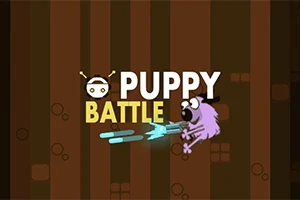 Kahverengi arka plan üzerinde Puppy Battle yazısı ve mor bir köpek figürü