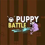 Kahverengi arka plan üzerinde Puppy Battle yazısı ve mor bir köpek figürü