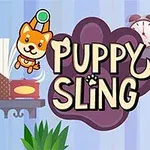 Üst üste gelen yavru köpek illüstrasyonları, kitaplar ve saat ile çevrelenmiş bir ortamda Puppy Sling yazısı