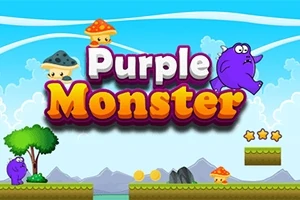 Mor bir canavarın ve mantarların bulunduğu, renkli bulutlu gökyüzü ve yeşil bir arazi üzerine yazılmış Purple Monster başlıklı grafik