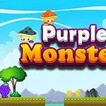 Mor bir canavarın ve mantarların bulunduğu, renkli bulutlu gökyüzü ve yeşil bir arazi üzerine yazılmış Purple Monster başlıklı grafik