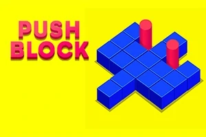 Sarı bir arka plan üzerinde, iki kırmızı silindirin yer aldığı mavi bloklardan oluşan bir düzenek ve sol üst köşede Push Block yazısı