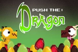Yeşil bir arka plan önünde piksel tarzında iki ejderha ve renkli yumurtaların yanı sıra Push the Dragon yazısı