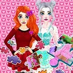 Pembe bir kalp desenli arka plan önünde, kırmızı elbiseli turuncu saçlı ve mavi elbiseli beyaz saçlı iki kadın ve çeşitli renkli yapboz parçaları